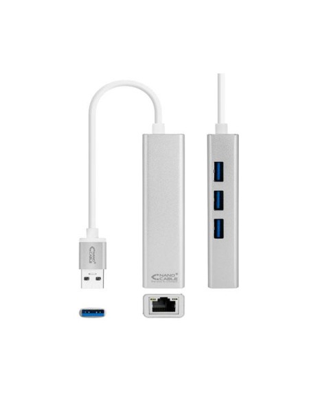 Adaptador conversor USB 3.0 a Ethernet Gigabit RJ45 + 3x USB 3.0 / Plata / 15 cm / 10.03.0403