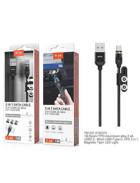 Cable datos 3 en 1 magnético (MicroUSB + Type-C + lightning) 1m / 2.4a / Negro / TB1237 / ONE+
