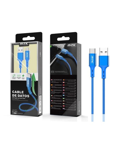 Cable datos USB 2.0 a Type-C / 1m / 2.4a / Aluminio / Trenzado / Bt763 / Azul / MTK