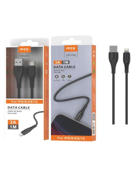 Cable datos USB 2.0 a Lightning iPhone 5-12 / 1m / 3a / Tb1289 / Negro / Mtk