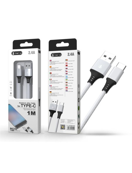 Cable datos USB 2.0 a Type-C / 1m / 2.4a / Aluminio / B6242 / Blanco / ONE+