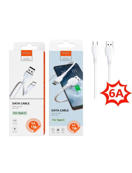 Cable datos USB 2.0 a Type-C / 1m / 6a / TB1291 / Blanco / One+