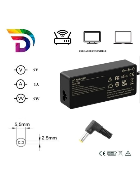 Cargador compatible universal para Router / LCD / Portátil 9wW 9V 1A 5.5x2.5 mm Dayma