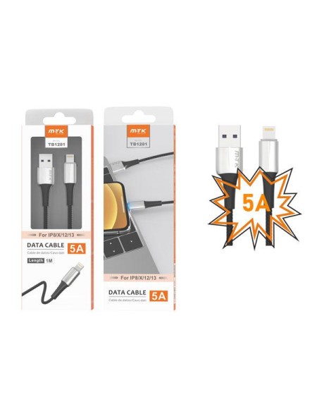 Cable datos USB 2.0 a Lightning iPhone 8-14 / 1m / 5a / Carga rapida / TB1281 / Plata / One+