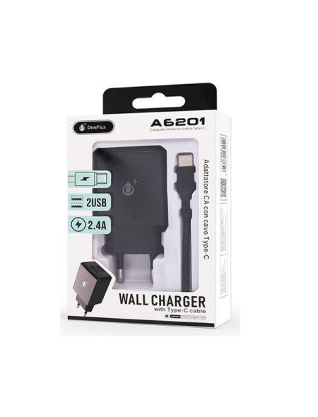 Cargador de red Usb x2 + Cable Type-C / 12w / Negro / A6201 / One+