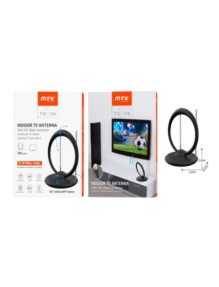 Antena de TV Interior TB1314 / 8 DBI / 4K / Rango de 80 KM / 3M / Negro / One+