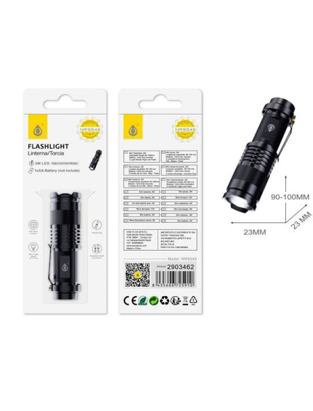 Linterna LED NR9346 / funcion zoom / 3 modos de luz / Bateria 1*AA / Negro