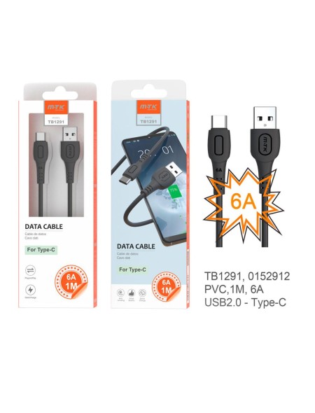 Cable datos USB 2.0 a Type-C / 1m / 6a / TB1291 / Negro / One+