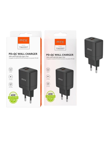 Cargador rápido de red Taylor Usb QC3.0 + Type-C / 40W / 3.4 A / Negro / TA0357 / MTK