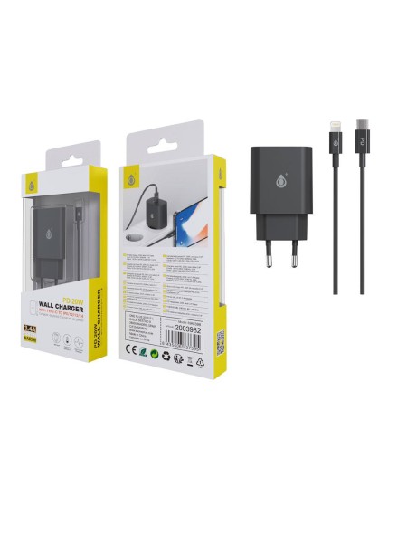 Cargador de red Usb Type-C + Cable Type-C a Lightning Iphone 8-14 / 20W / Negro / NA0398 / One+