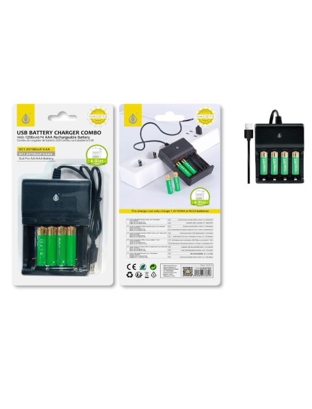 Cargador pilas USB AA - AAA (4x AAA 1.200Mah Incluidas)/ Indicador Luz / Negro / NA0373 / 2003732 / One+
