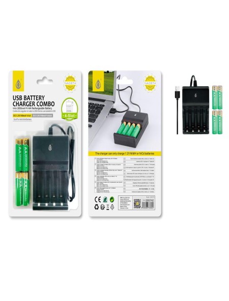 Cargador pilas USB AA - AAA (4x AA 2.850mah Incluidas)/ Indicador Luz / Negro / NA0374 / 2003742 / One+