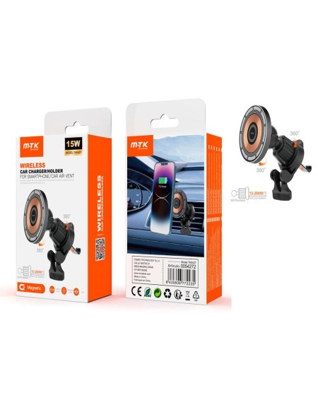 Soporte / Cargador de coche para Smartphone magnetico rejilla TA0427 / Carga inalambrica QI 15w / 360 Grados / Negro / Mtk