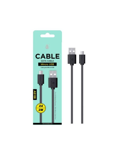 Cable datos USB 2.0 a Micro USB / 2m / 2a / AS108/ Negro / ONE+