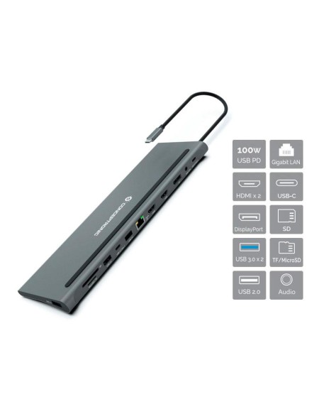 Hub Adaptador Type-C 12 en 1 Conceptronic  / 2x Hdmi / DP / Type-C PD 100w / 2x Usb 3.0 / LAN Gigabit / DONN17G