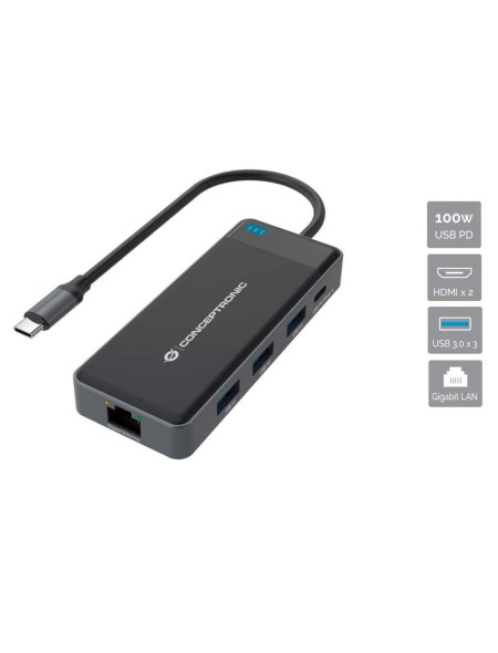 Hub Adaptador Type-C 7 en 1 Conceptronic / 2x Hdmi / 3x Usb 3.2 / 1x Type-c 100w PD / 1x LAN Gigabit / DONN14G