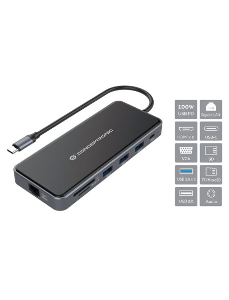Hub Adaptador Type-C 12 en 1 Conceptronic  / 2x Hdmi / Vga / MicroSD/TF / 3x Usb 3.2 / LAN Gigabit / DONN15G