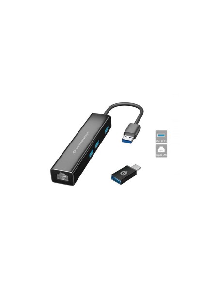 Hub adaptador Type-C a 3x USB 3.0 +  Ethernet Gigabit Rj45 / Adaptador Usb-c / Conceptronic / DONN07BA