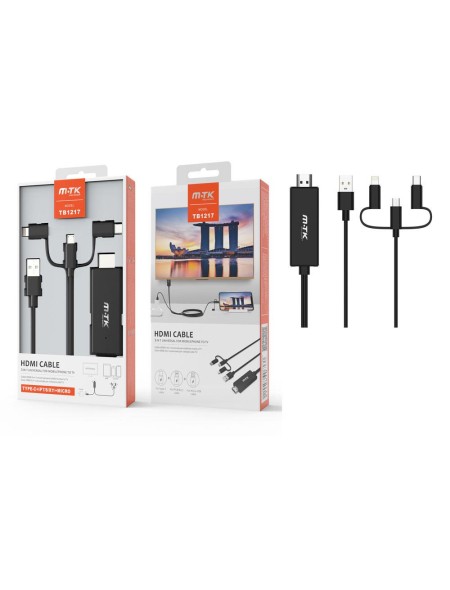 Cable HDMI a TV 3 en 1 (MicroUSB + Type-C + lightning) 1.8m /  Negro / TB1217 / 0152172 / MTK