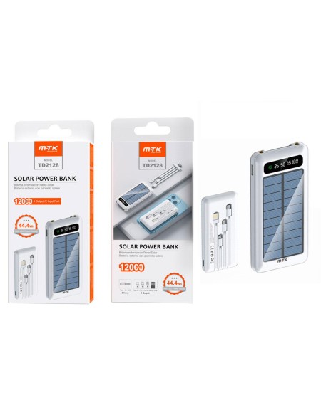PowerBank TD2128 Panel Solar / Type-C / USB / 12000 mah / Type-c / MicroUsb / Usb / Iphone 14 / Blanco / MTK / 0251282