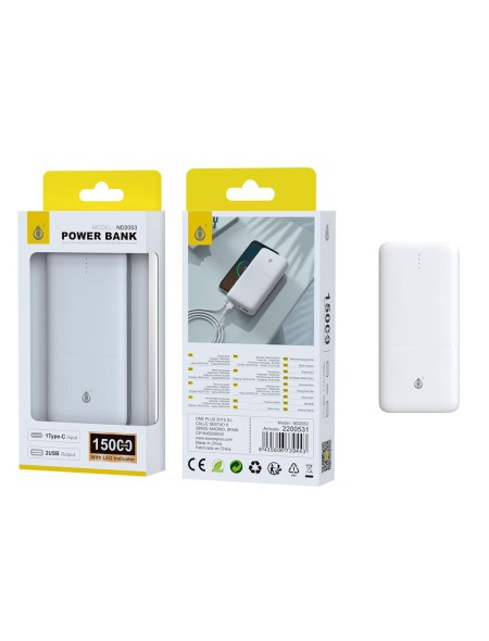 PowerBank Omar ND2053 Type-C / 15000 mah / 1xType-c / 2x Usb / Blanco / One+ 2200531