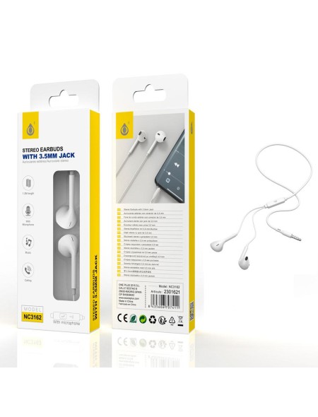 Auriculares con Micro intrauditivos NC3162  Speedy / Sin silicona / Boton control / 1.2m / Blanco / One+