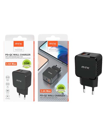Cargador de red Usb QC3.0 + Type-C / 35W / Negro / TA0338 / MTK / 0053382