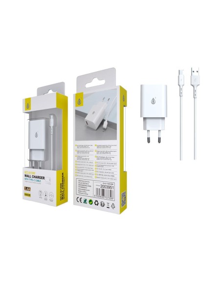 Cargador rápido de red Berta Usb + Cable Type-C / 18W / 3.4 A / Blanco / NA0395 / One+