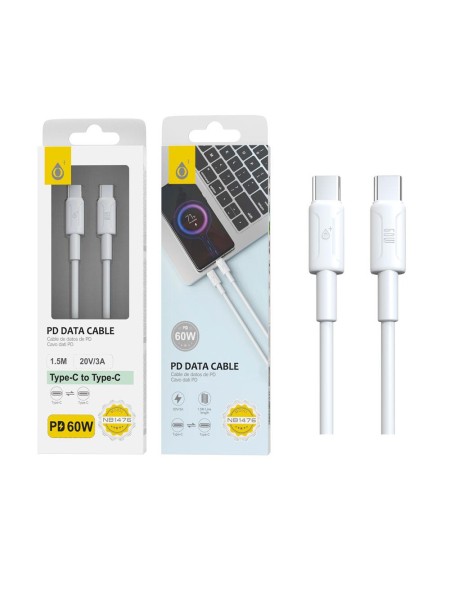 Cable datos Type-C M/M / 1.5m / 20V / 3A / PD 60W / NB1476 / Blanco / One+ / 2104761