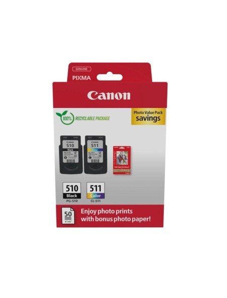 Tinta Original Canon Pack PG510 + CL511 + 50 Hojas de papel fotografico