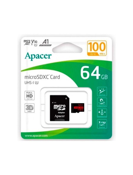 Micro sd hc Apacer uhs-i 64Gb 100mb/s clase 10 / A1 / con adaptador / AP64GMCSX10UB-R
