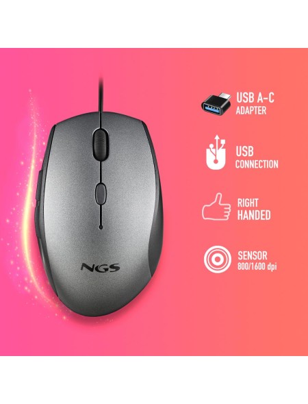 ÷ Mouse ngs ergo moth gray con cable y botones silenciosos. adaptador usb a tipo c