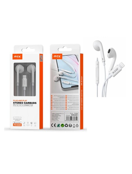 Auriculares Intrauditivos TC3228  iPhone conexion lightning / 1.2m / Blanco / MTK / 0352281