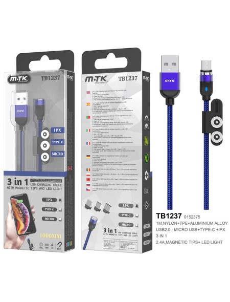 Cable datos 3 en 1 magnético (MicroUSB + Type-C + lightning) 1m / 2.4a / Azul / TB1237 / ONE+