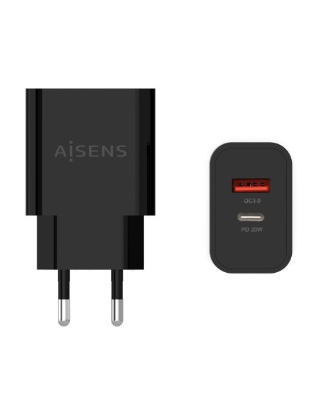 ÷ Aisens - cargador 20w, 1xusb-c pd3.0, 1xusb-a qc3.0, negro