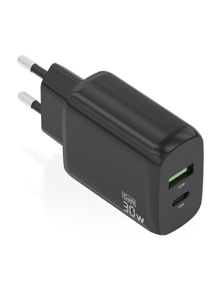 ÷ Aisens - cargador gan 30w, 1xusb-c pd3.0 qc4.0, 1xusb-a qc3.0, negro