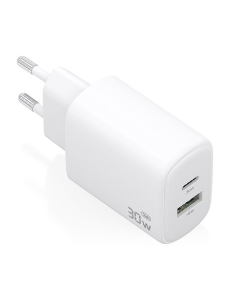 ÷ Aisens - cargador gan 30w, 1xusb-c pd3.0 qc4.0, 1xusb-a qc3.0, blanco