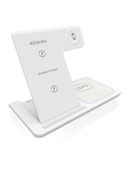 ÷ Aisens - cargador inalambrico usb-c 3 en 1 de 15w para movil, apple watch, ariculares con estuche de carga, blanco