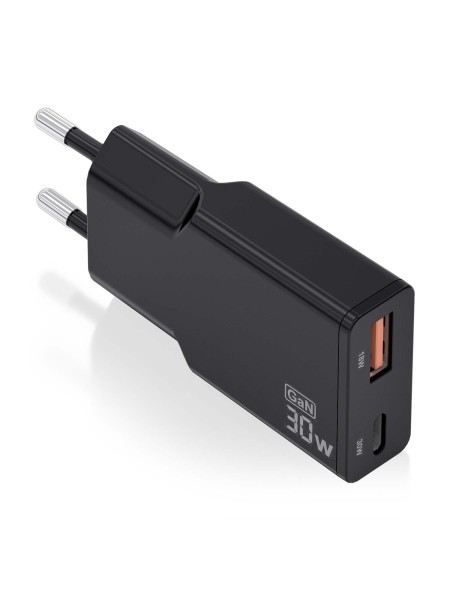 ÷ Aisens - cargador gan ultra delgado 30w, 1xusb-c pd3.0 qc4.0, 1xusb-a qc3.0, negro