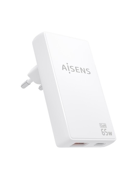 ÷ Aisens - cargador de pared gan ultra delgado 65w, 1xusb-c pd3.0 qc4.0, 1xusb-a qc3.0, blanco