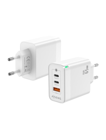 ÷ Aisens - cargador gan 65w, 2xusb-c pd3.0 qc4.0, 1xusb-a qc3.0, blanco