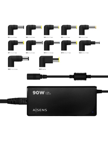 ÷ Aisens cargador 90w automatico universal multitension con 12 conectores + usb-a qc.3.0