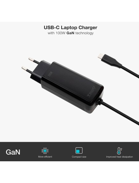Cargador para portátil universal automático GAN 100W Type-C PD / Tooq / Negro / TQLC-USBCGAN100PD-C