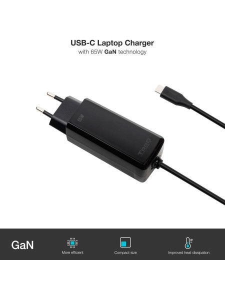 Cargador para portátil universal automático GAN 65W Type-C PD / Tooq / Negro / TQLC-USBCGAN65PD-C