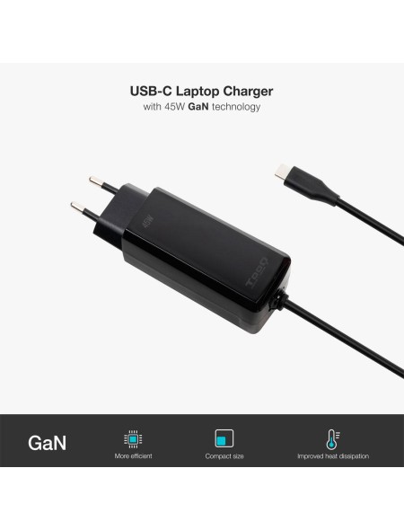 Cargador para portátil universal automático GAN 45W Type-C PD / Tooq / Negro / TQLC-USBCGAN45PD-C