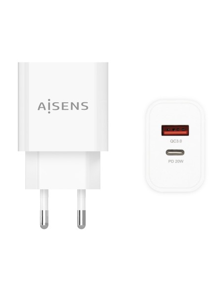 ÷ Aisens - cargador 20w, 1xusb-c pd3.0, 1xusb-a qc3.0, blanco