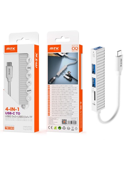Hub adaptador Type-C a 2xUsb 2.0 + 1xUsb 3.0 + Lector MicroSd / OTG / TB1383 / Blanco / MTk