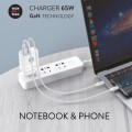 Cargador universal automático GAN 65W / 1x Type-C PD / 1x USB QC 3.0 / Tech One Tech / Blanco / TEC2270
