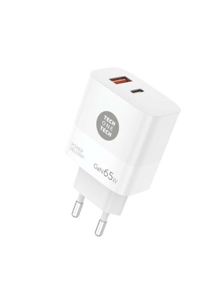 Cargador universal automático GAN 65W + Cable Usb / 1x Type-C PD / 1x USB QC 3.0 / Tech One Tech / Blanco / TEC2273