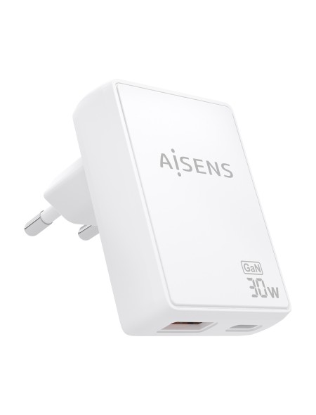 ÷ Aisens - cargador de pared gan ultra delgado 30w, 1xusb-c pd3.0 qc4.0, 1xusb-a qc3.0, blanco